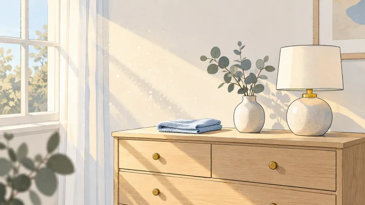 Illustration d'un rayon de soleil qui fait briller de fines poussières au-dessus d'une commode en bois.