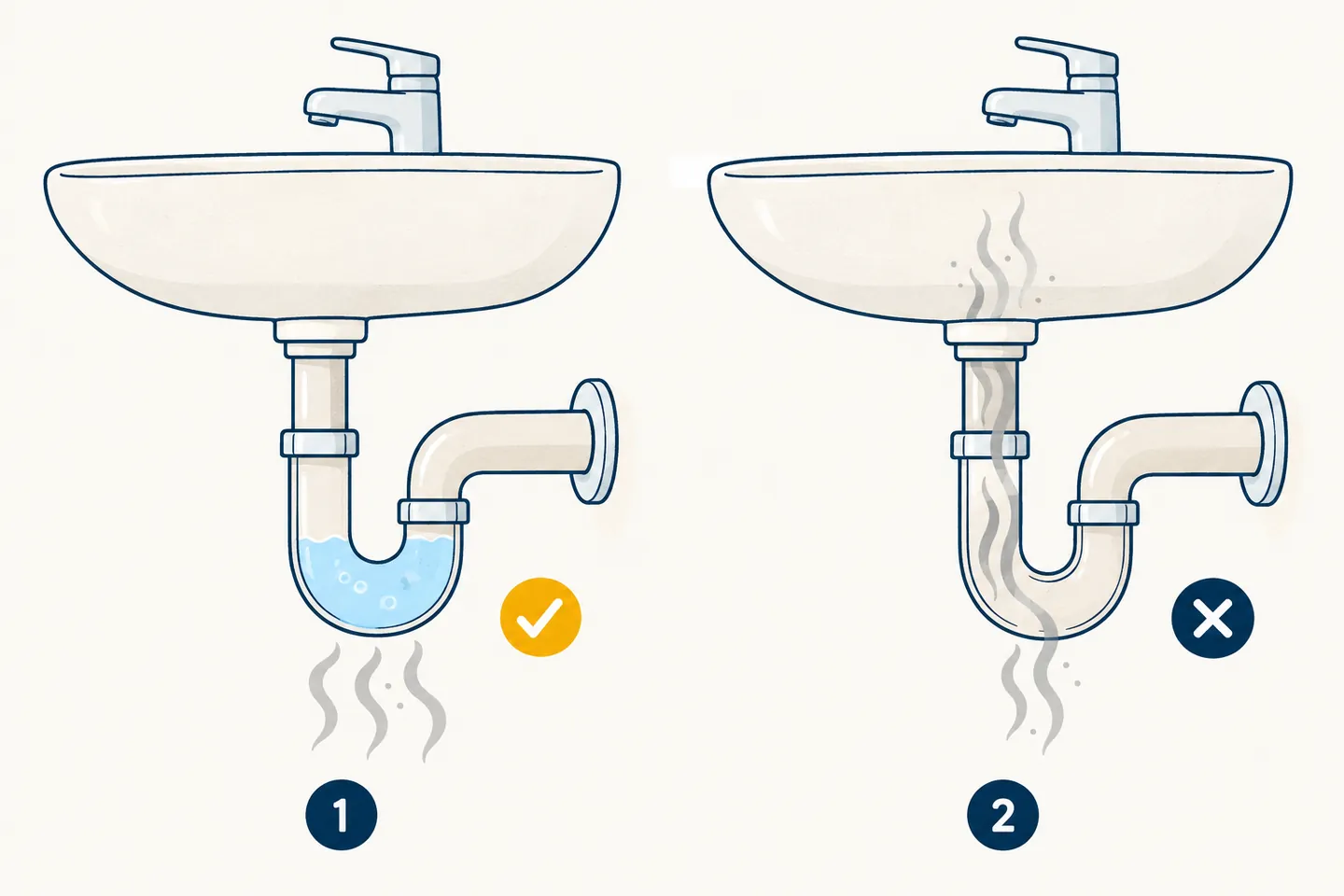 Deux coupes d'un siphon sous un lavabo : à gauche plein d'eau, à droite vide avec l'odeur qui remonte.