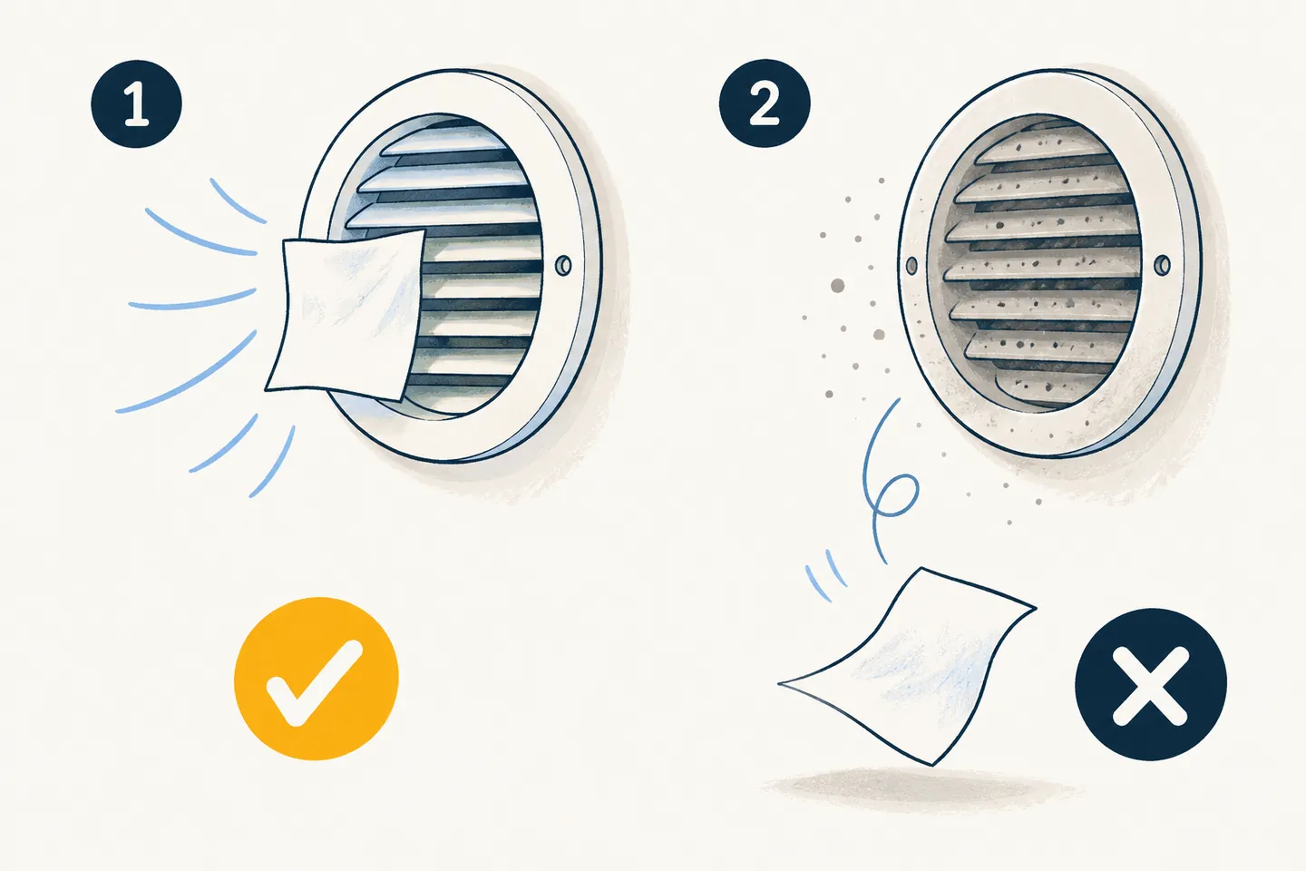 Deux dessins d'une grille d'aération : une feuille collée dessus, puis une feuille qui tombe.