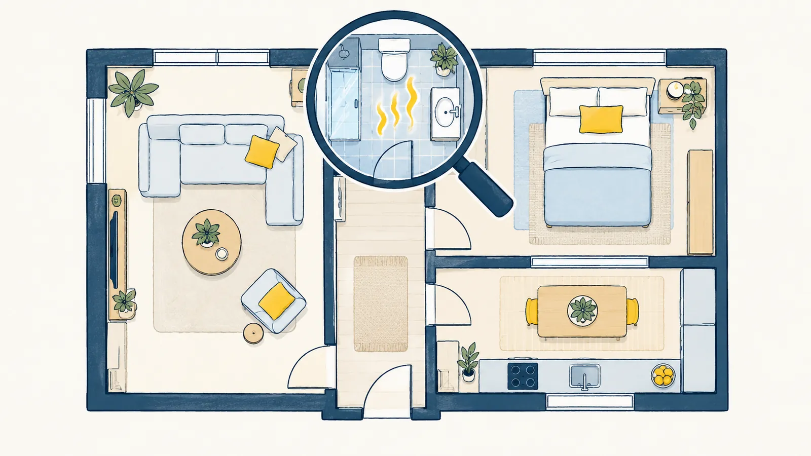 Illustration du plan d'un appartement vu de dessus, avec une loupe au-dessus d'une pièce.