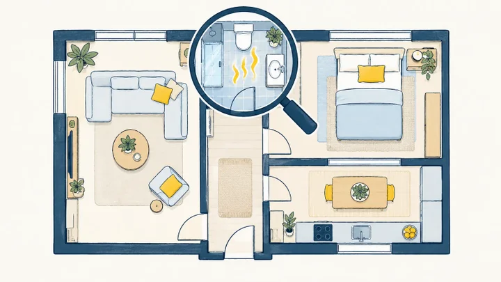 Illustration du plan d'un appartement vu de dessus, avec une loupe au-dessus d'une pièce.