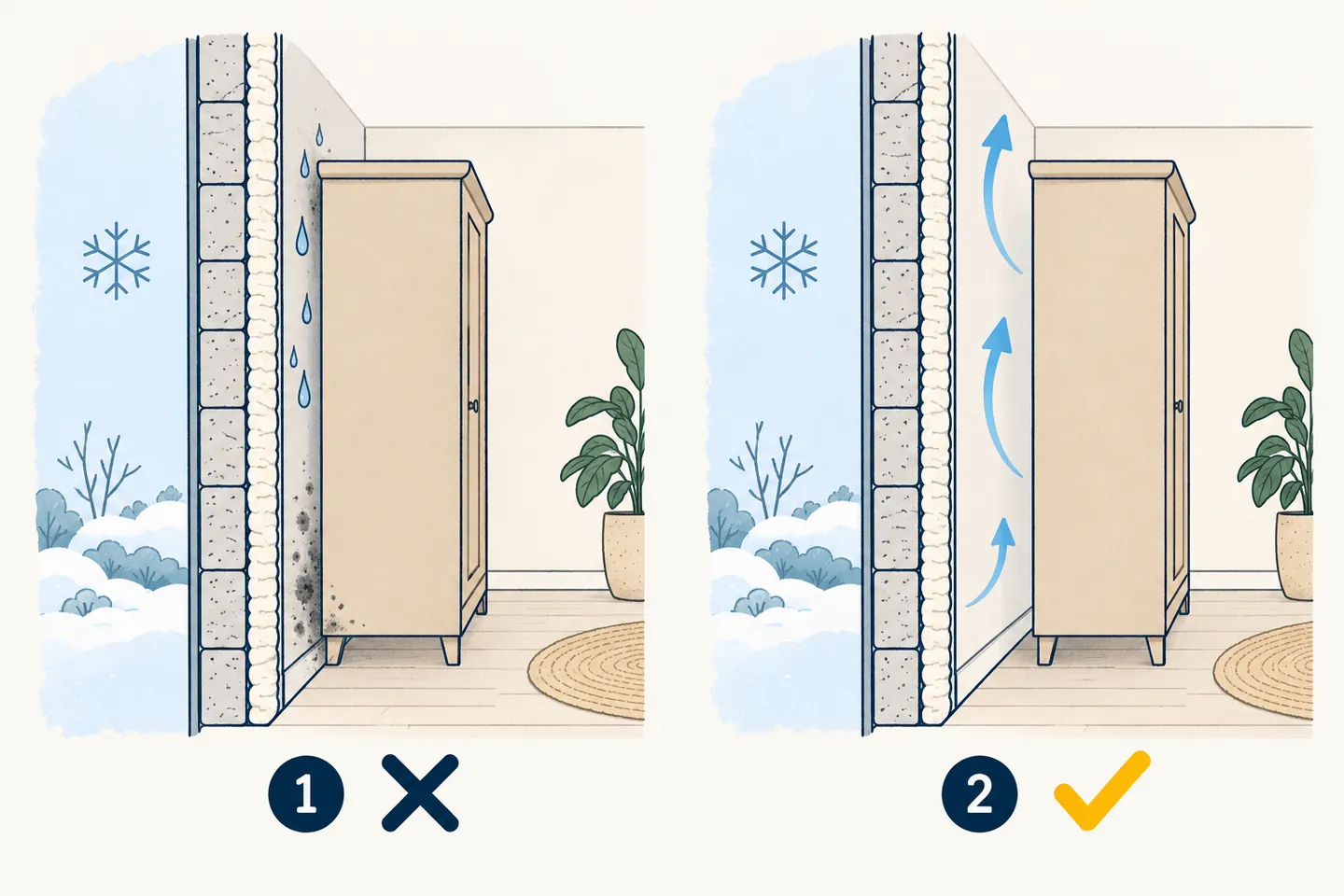 Deux coupes vues de côté : un meuble collé à un mur froid avec des gouttes, puis le même meuble décollé avec l'air qui circule.