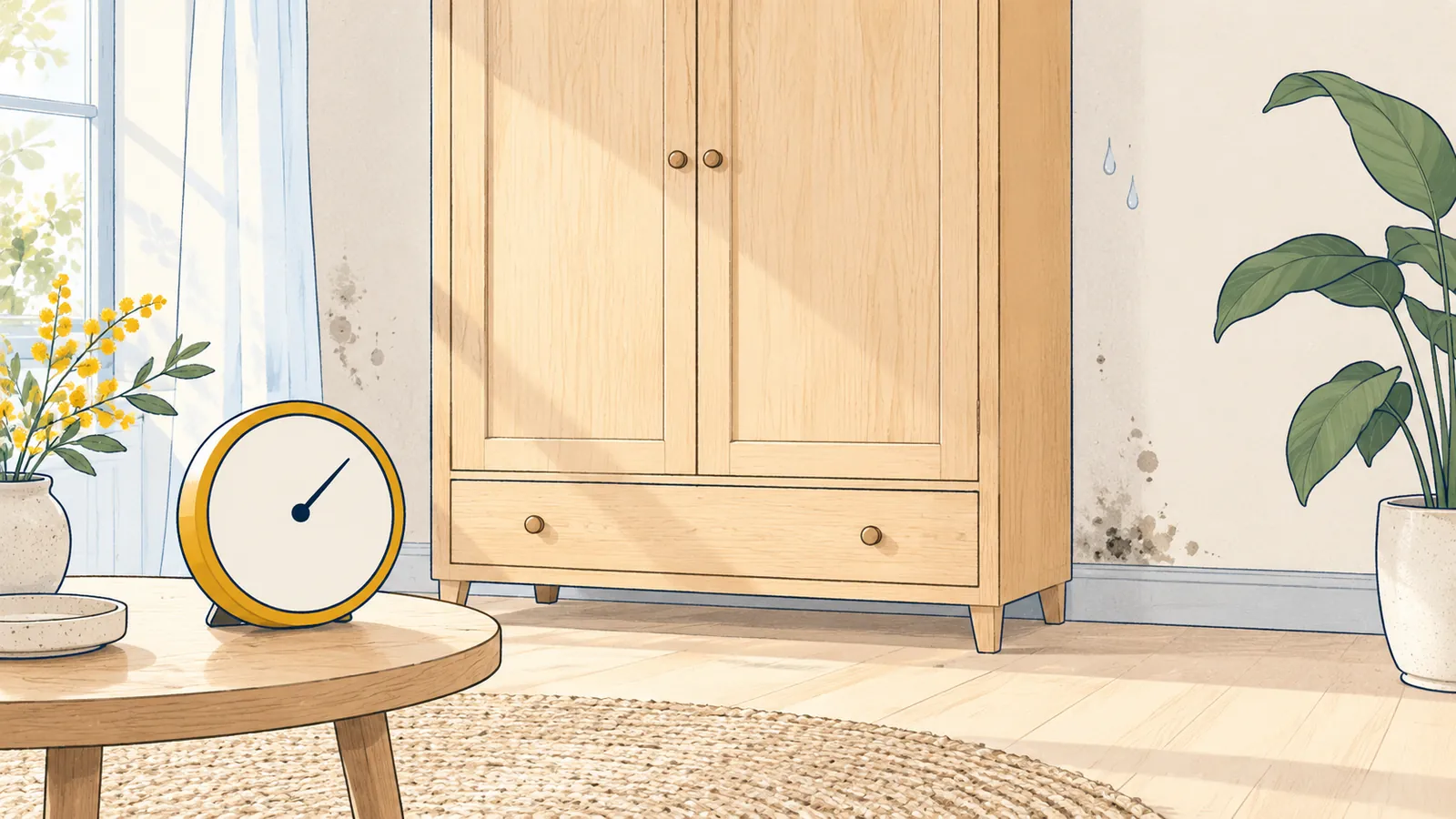Illustration d'une armoire contre un mur, avec des gouttelettes sur le mur et un hygromètre posé à côté.