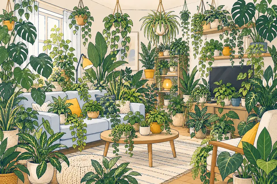 Dessin humoristique d'un salon envahi de plantes du sol au plafond.