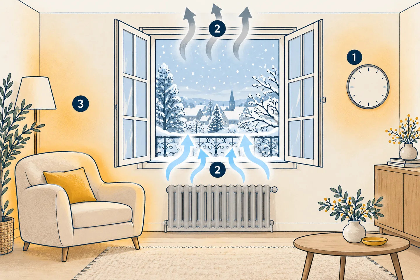 Schéma d'une fenêtre grande ouverte en hiver avec une horloge, l'air frais qui entre et les murs qui gardent la chaleur.