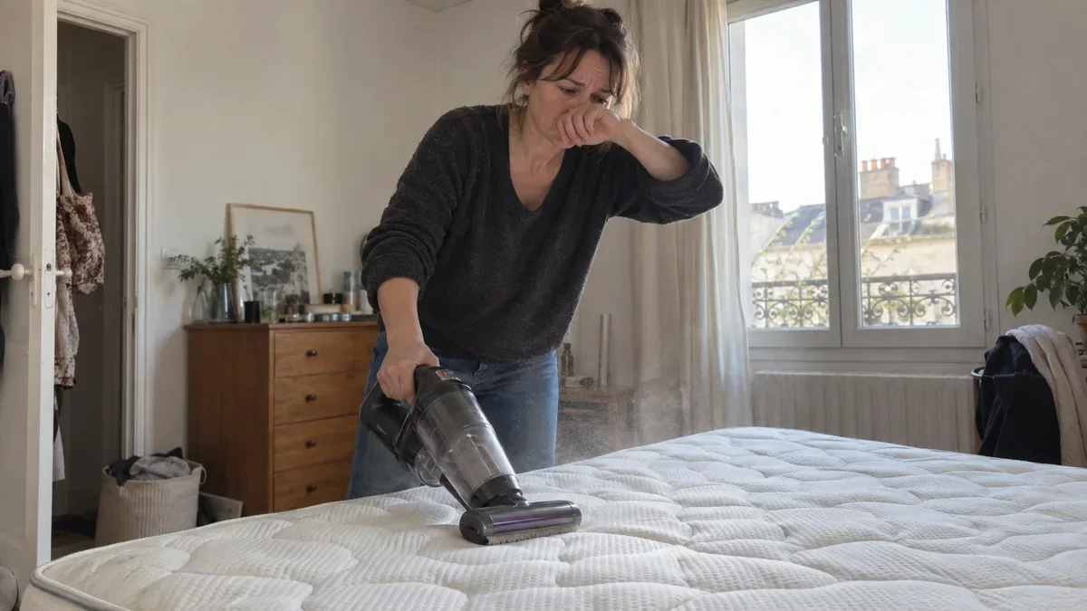Une femme passe l'aspirateur sur son matelas et se frotte le nez : les acariens restent au cœur du matelas.