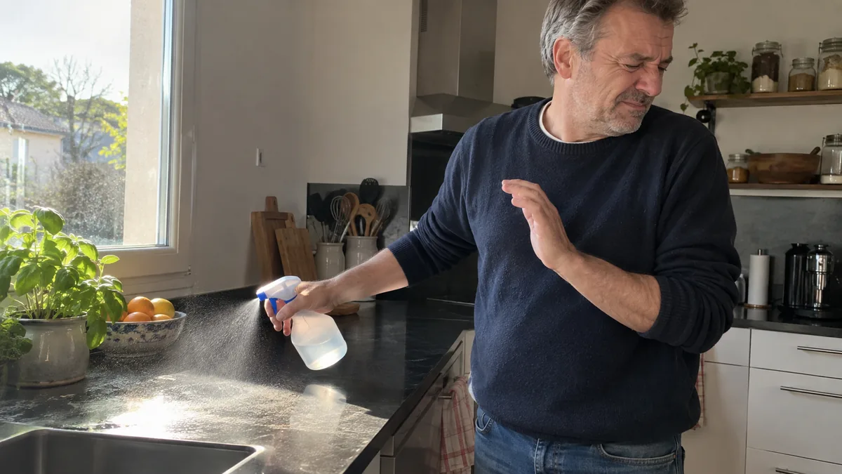 Un homme pulvérise un désinfectant sur un plan de travail et détourne la tête, gêné par l'odeur.