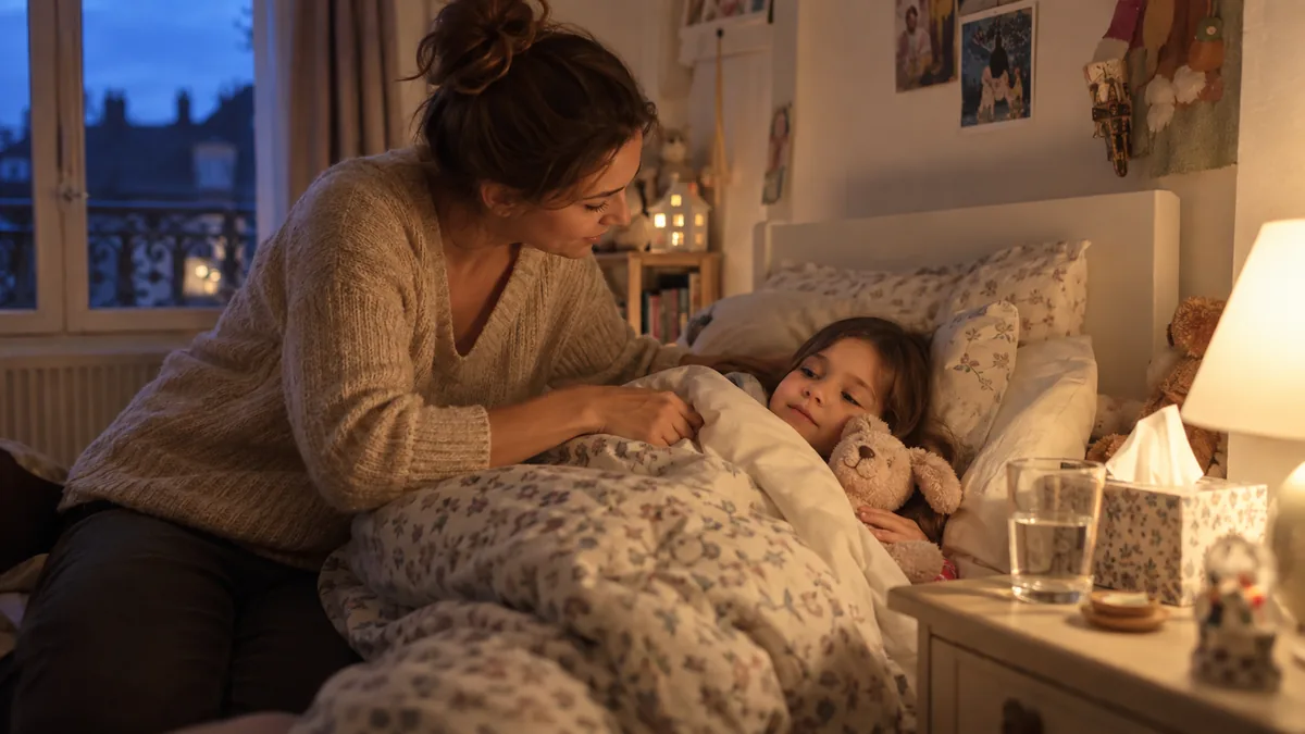 Une mère borde son enfant enrhumé, un mouchoir à la main, dans une chambre fermée en hiver.