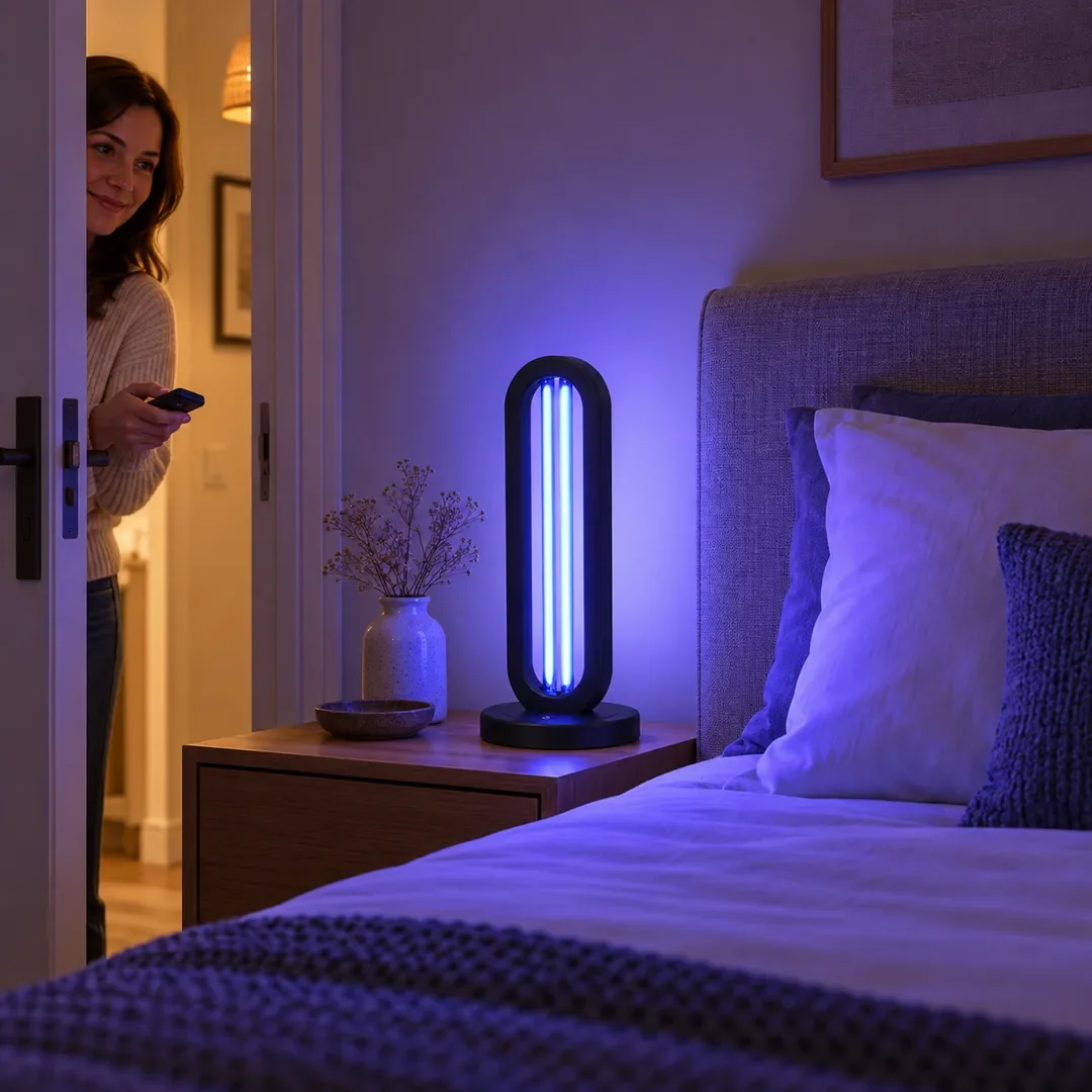 La lampe Solia allumée sur la table de nuit d'une chambre vide, sa lumière tournée vers le matelas.