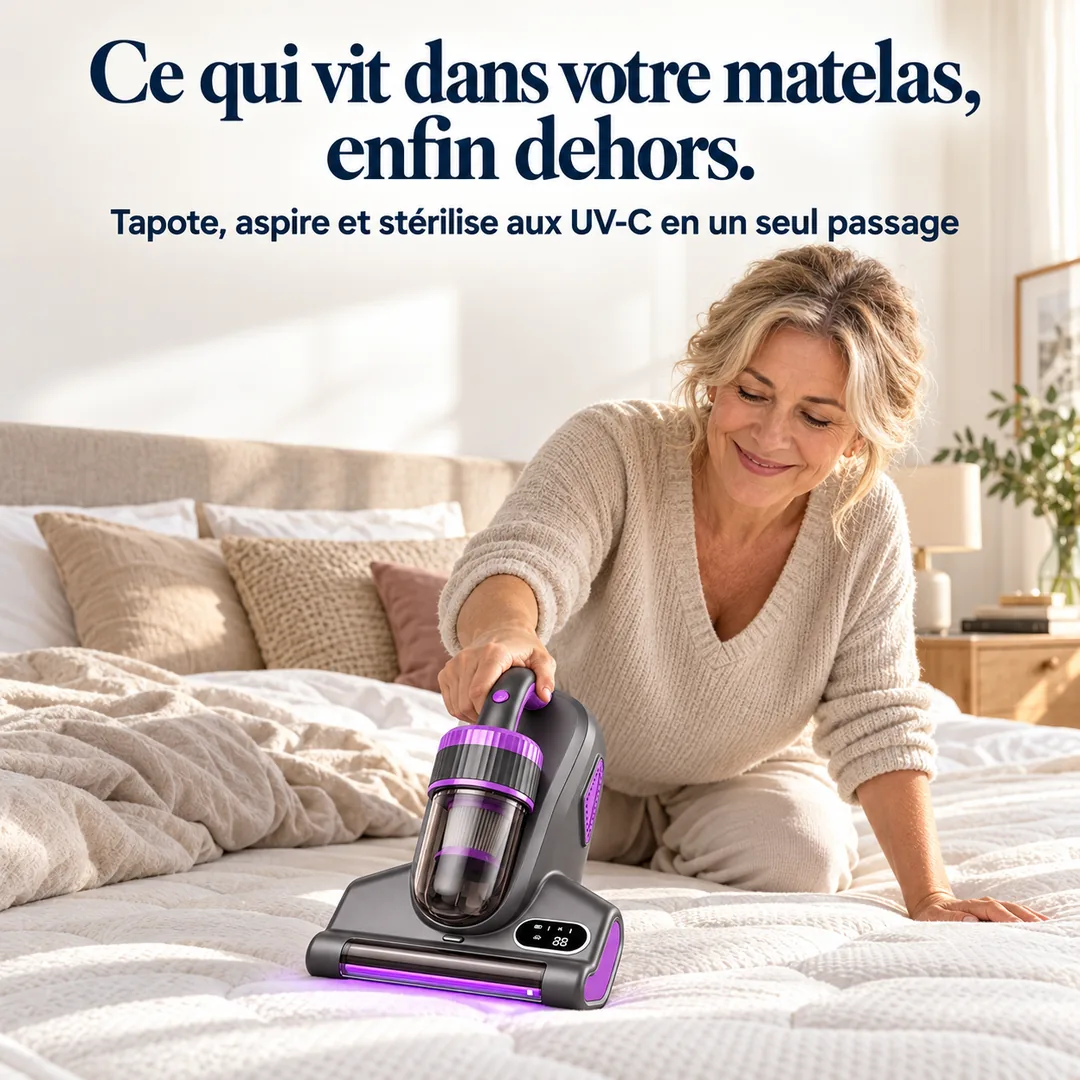 L'Acaria Pro passé sur un matelas : il tapote, aspire et stérilise aux UV-C ce qui vit au cœur des fibres.
