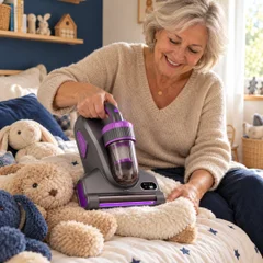 Une grand-mère passe l'Acaria Pro sur les peluches de ses petits-enfants.