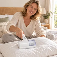 Une femme passe l'Acaria Mini sur son oreiller, assise sur son lit.