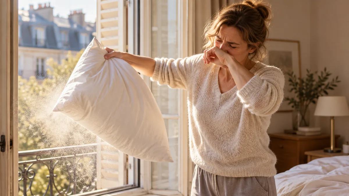 Une femme secoue son oreiller à la fenêtre et se frotte le nez.