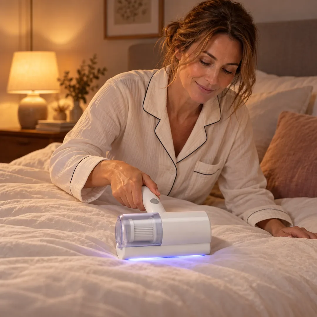 Une femme passe l'Acaria Mini sur sa couette avant de se coucher.