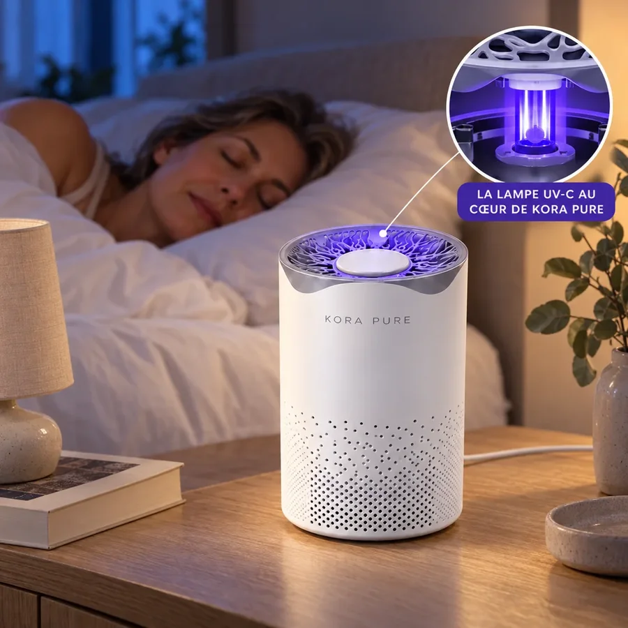 Kora Pure allumé sur une table de chevet, la nuit, à côté d'une femme endormie ; la lampe UV-C au cœur de l'appareil.