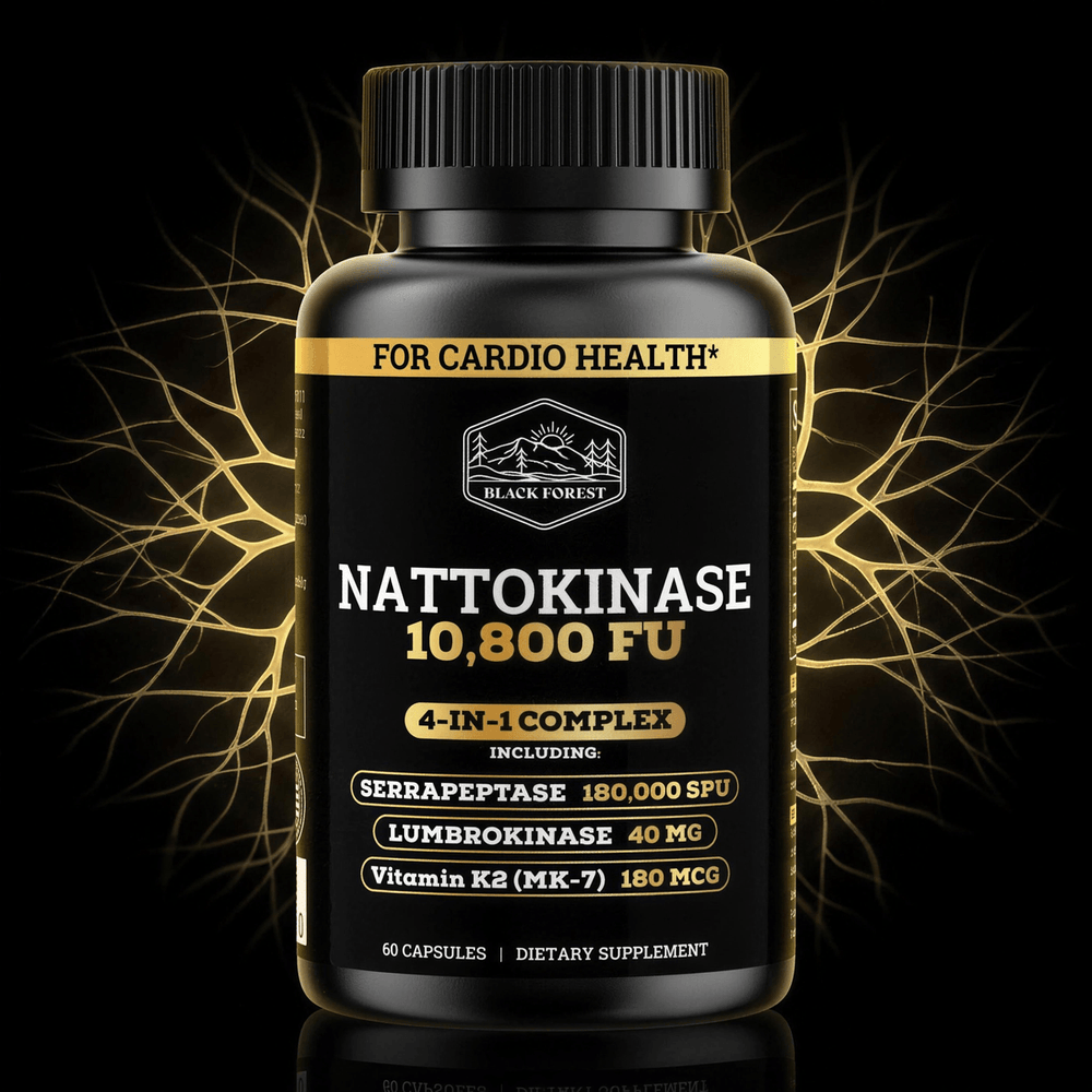 Black Forest Nattokinase 4-in-1 bottle with glowing arterioles