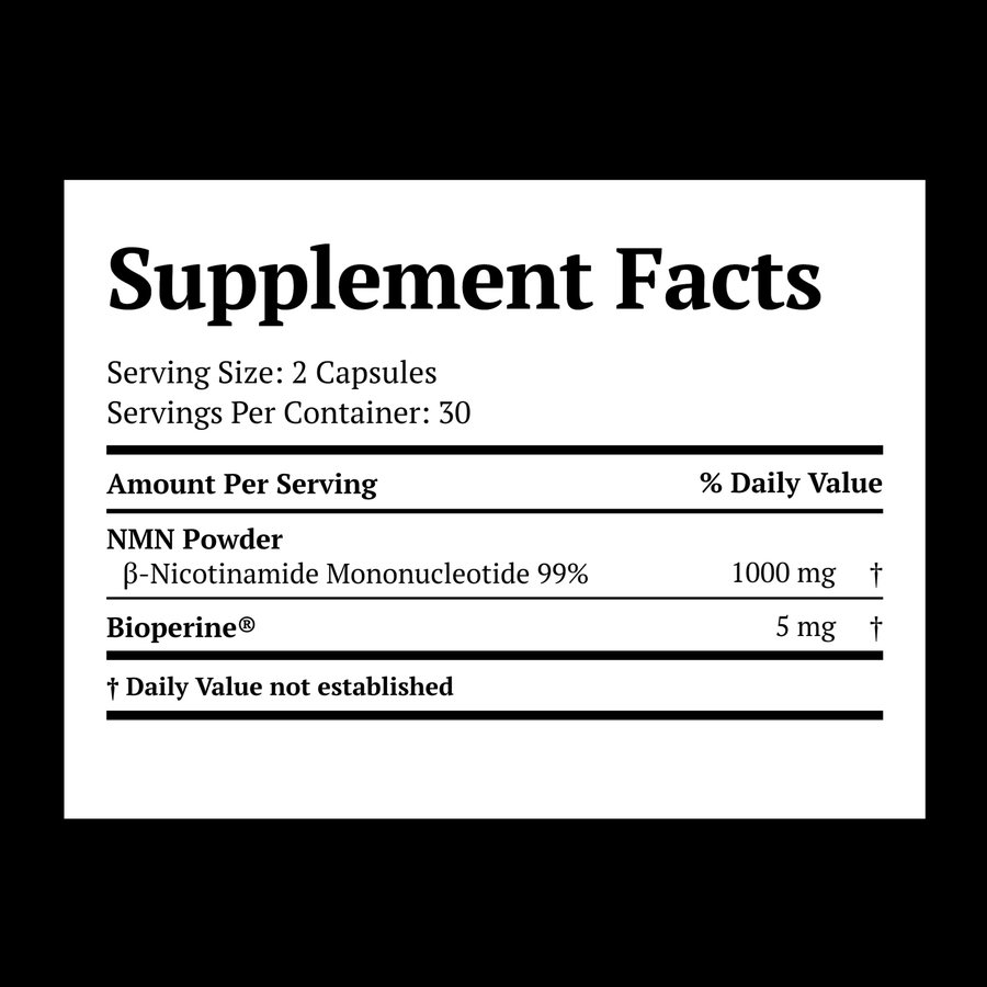Supplement Facts: serving size 2 capsules, 30 servings. β-Nicotinamide Mononucleotide 99% 1000mg, BioPerine 5mg