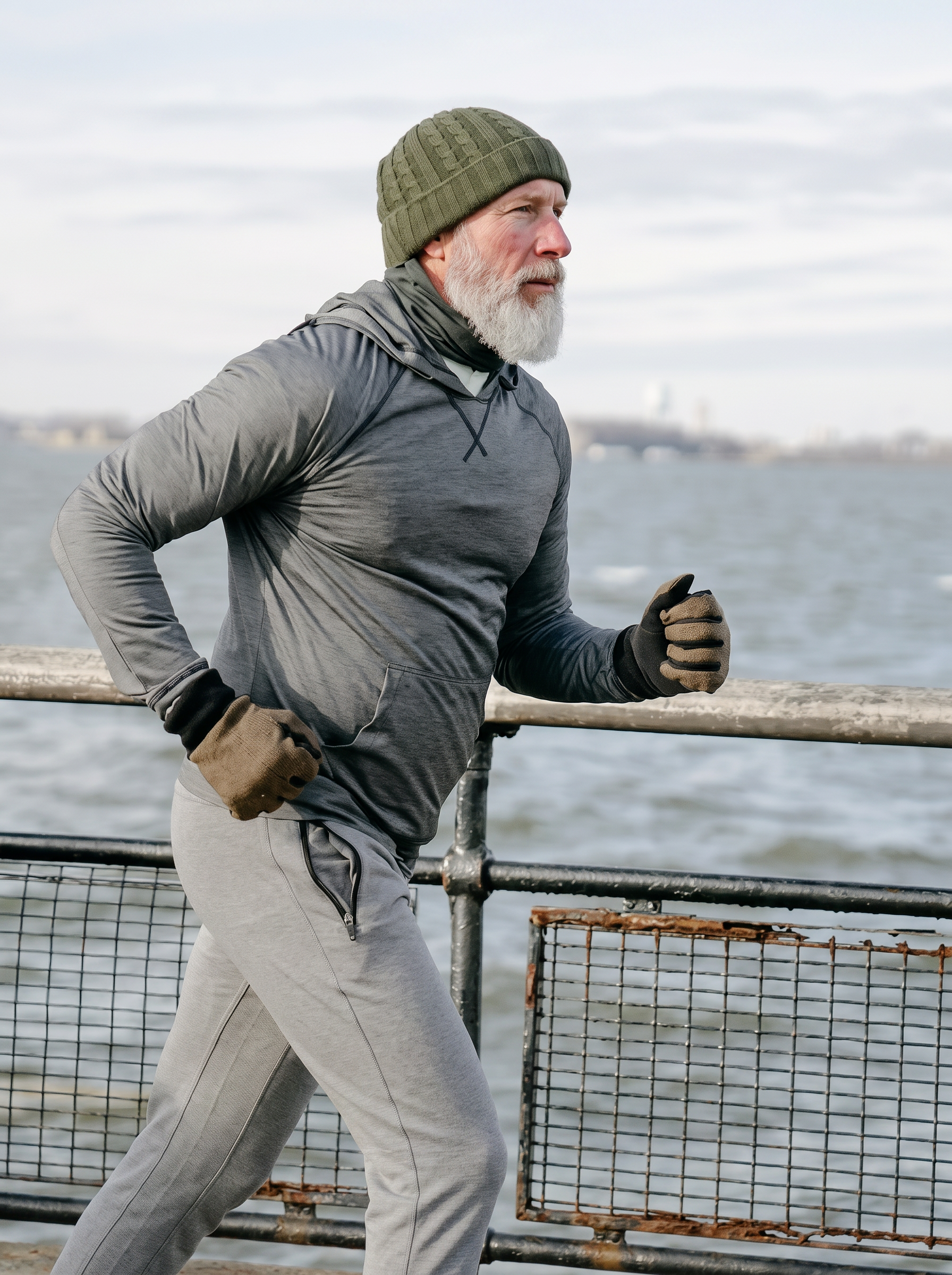 A grey-bearded man in his late fifties running along a waterfront railing in cold weather, beanie and gloves on.