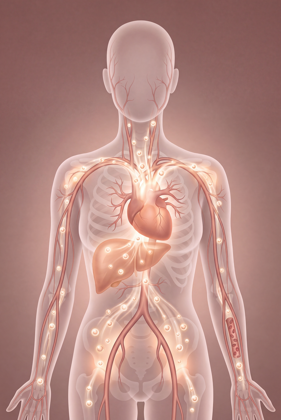Circulatory system lit up through a woman's body