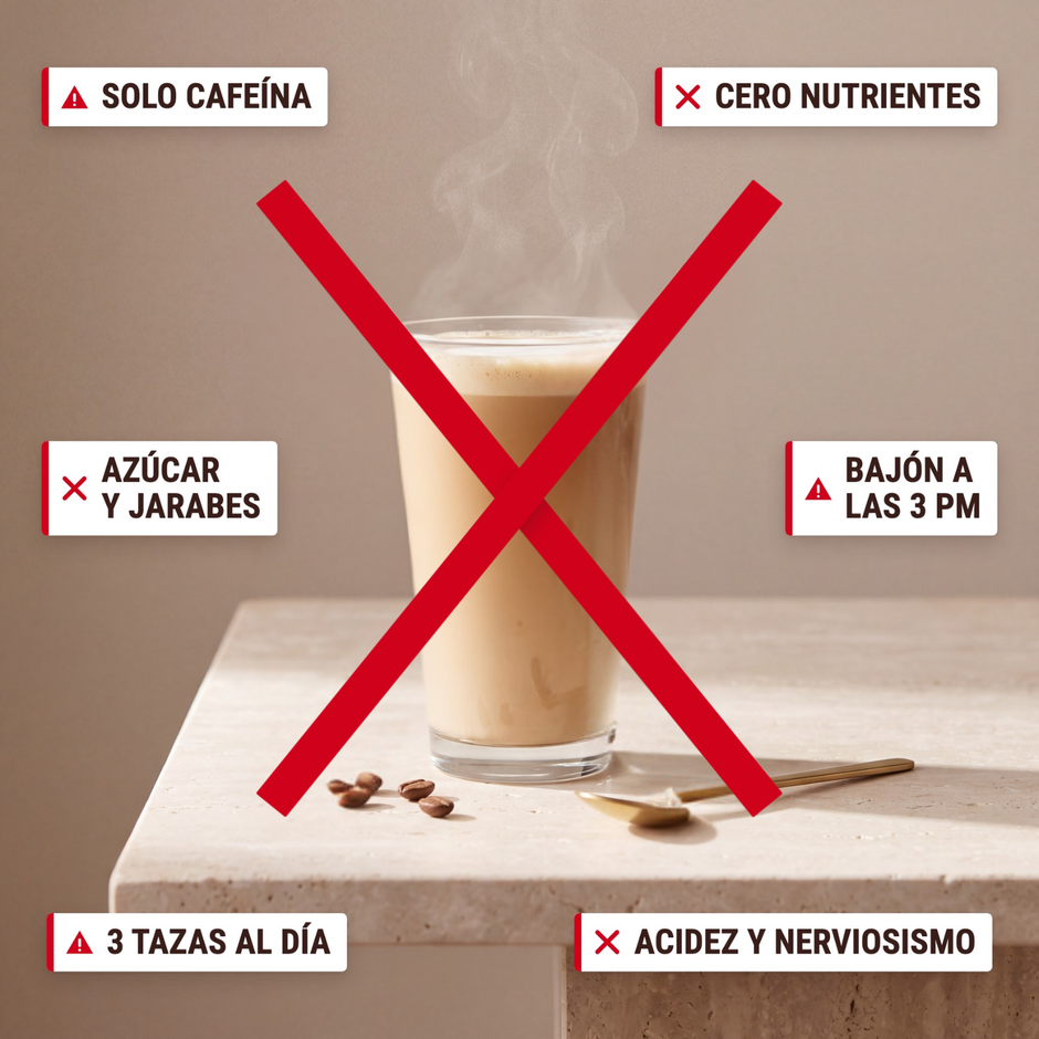 Tu café de la mañana no está haciendo nada por ti: solo cafeína, bajón a las 3 pm, cero nutrientes, azúcar y jarabes, 3 tazas al día, acidez y nerviosismo