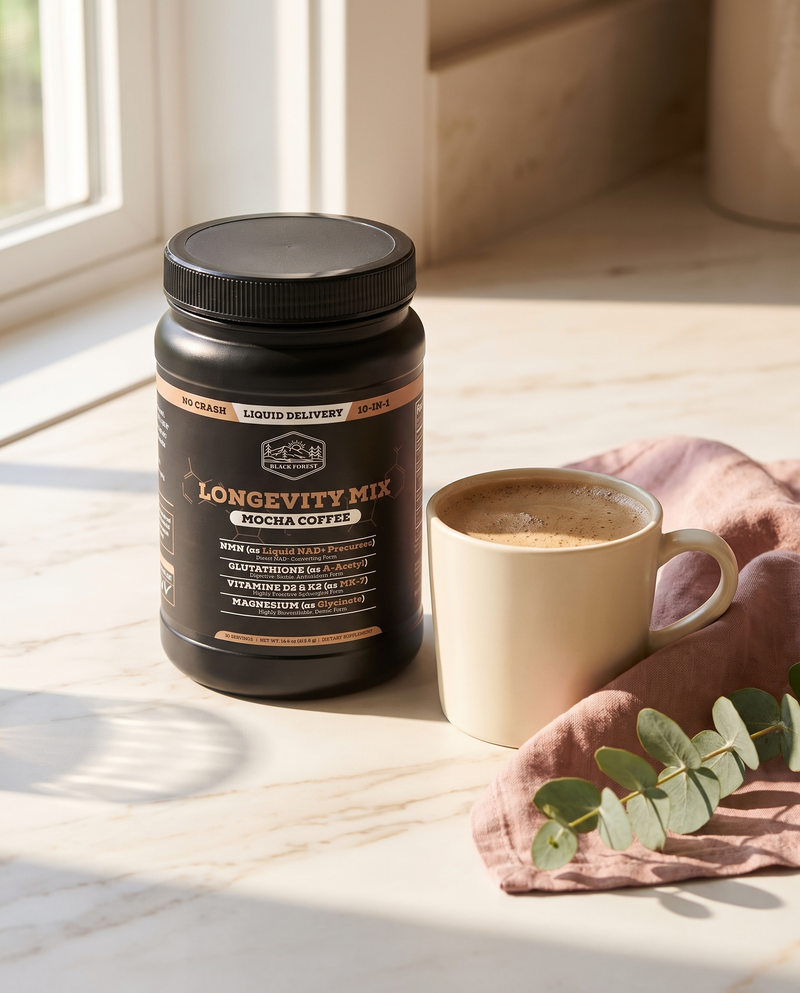 Longevity Mix jar on a sunlit marble counter beside a mug of mocha coffee