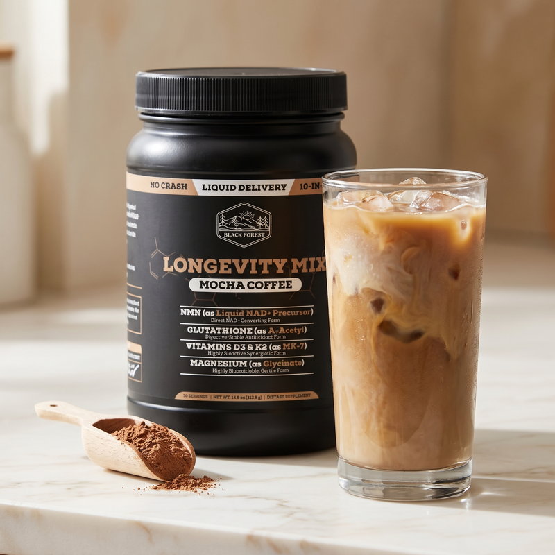 Longevity Mix served as an iced mocha latte with the jar behind it