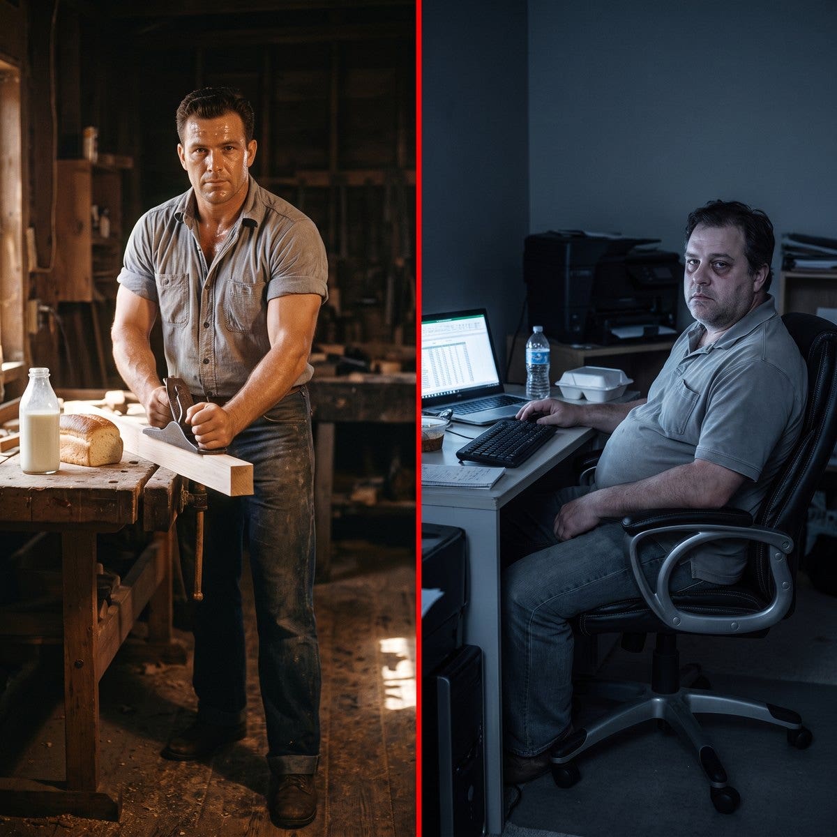 The same man in 1958 and today — the everyday exposures that pulled men's testosterone down