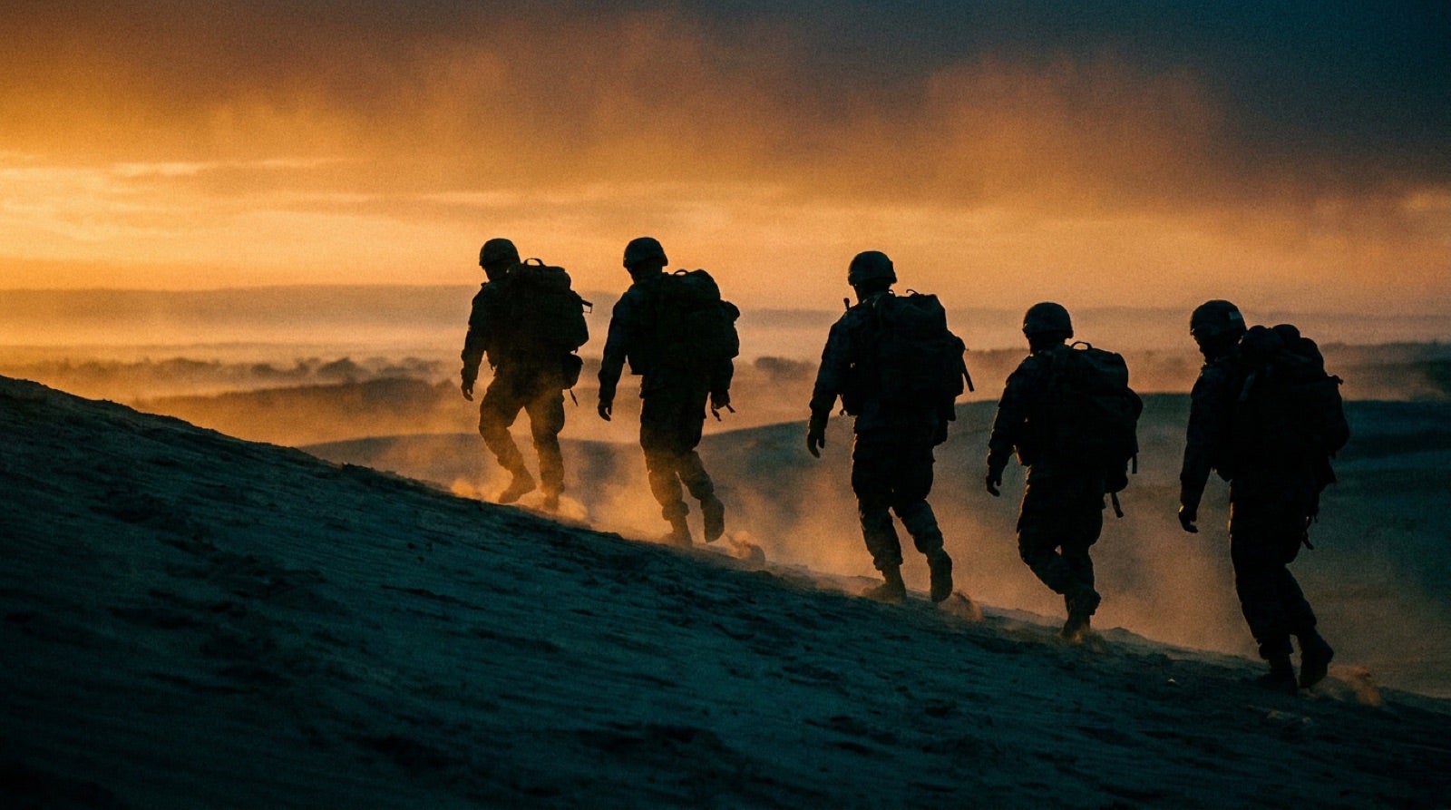 Special-forces soldiers training at dawn, in silhouette