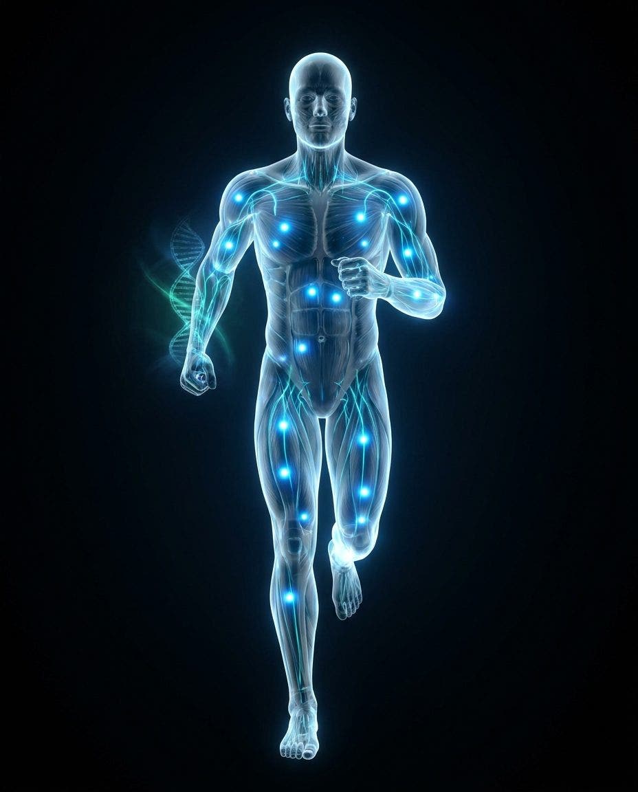 See-through human body with cells lighting up as NAD+ fuels them