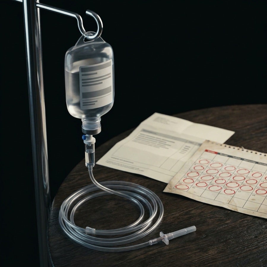 An IV drip bag on a stand next to a clinic bill and a calendar with every date circled
