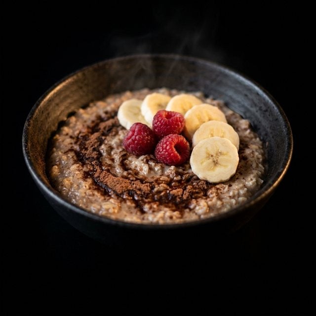 Cocoa oatmeal with banana and raspberries