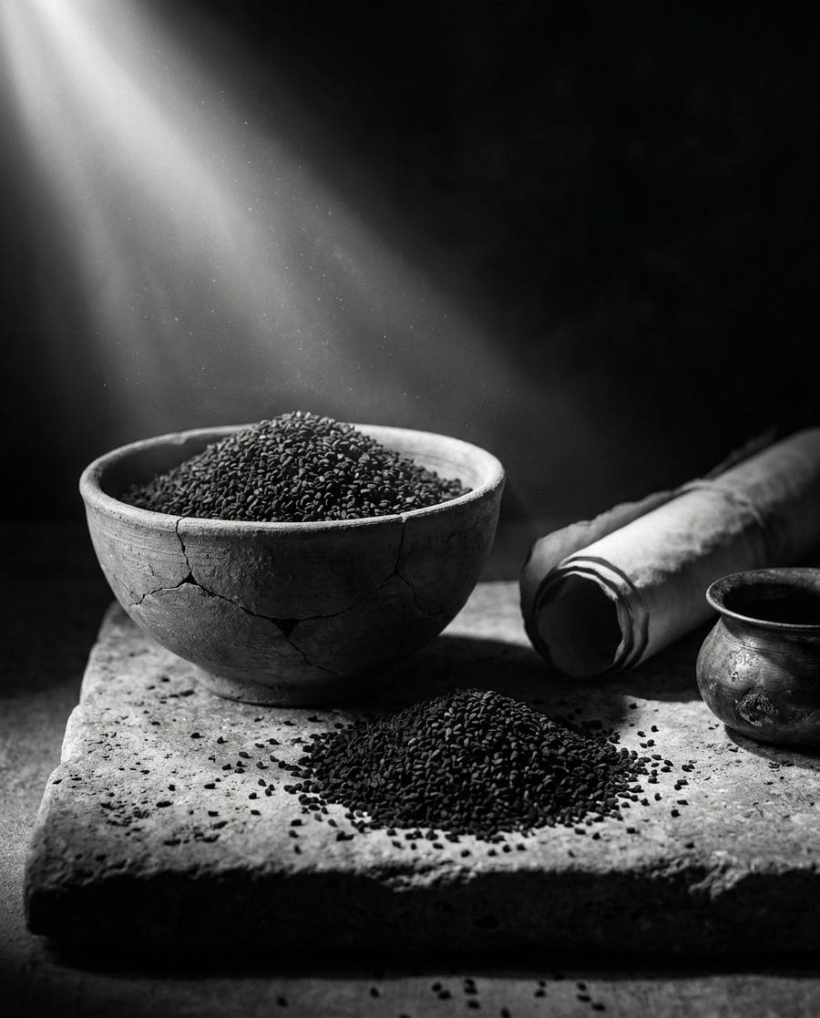 Black seeds in an ancient clay bowl beside an old scroll