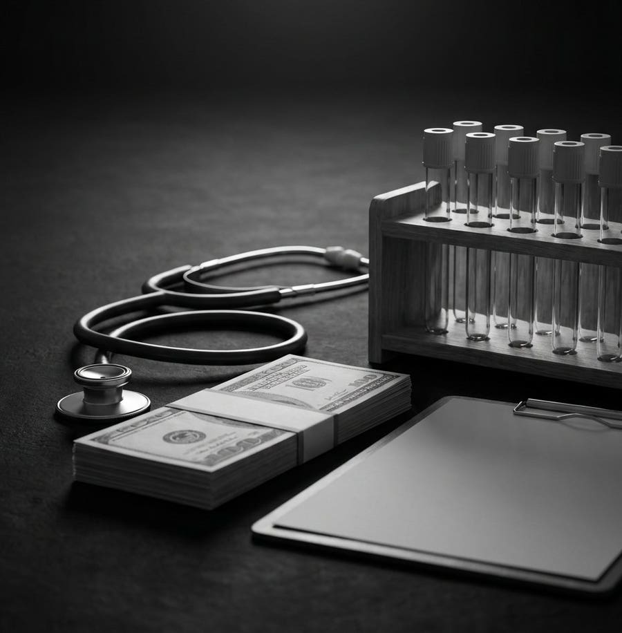 A stethoscope, unused test tubes and a stack of cash on a doctor&rsquo;s desk