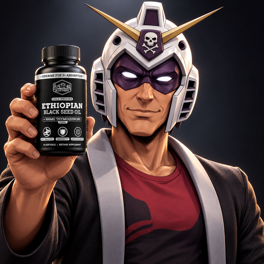 It’s A Gundam holding Black Forest Ethiopian Black Seed Oil