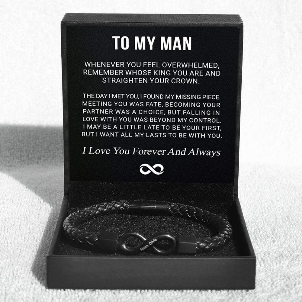 Black bracelet with heartfelt message in gift box.