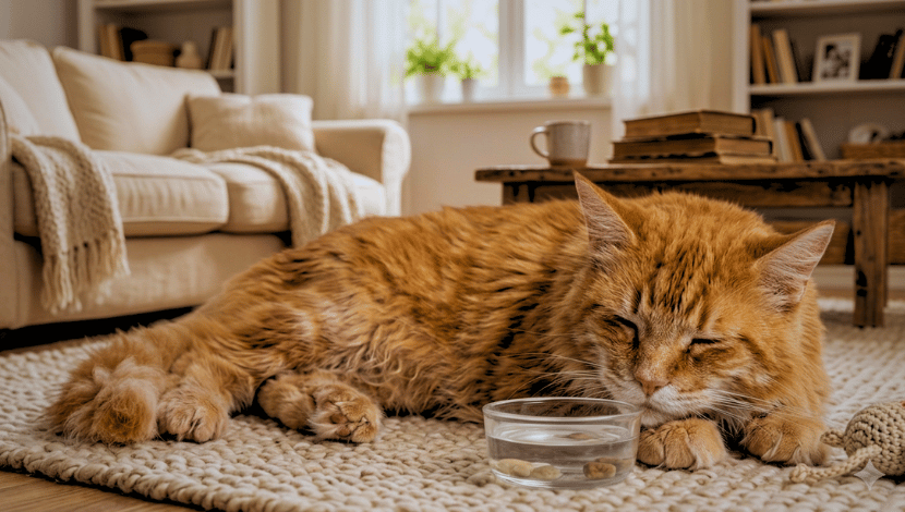 Cat lying near water bowl