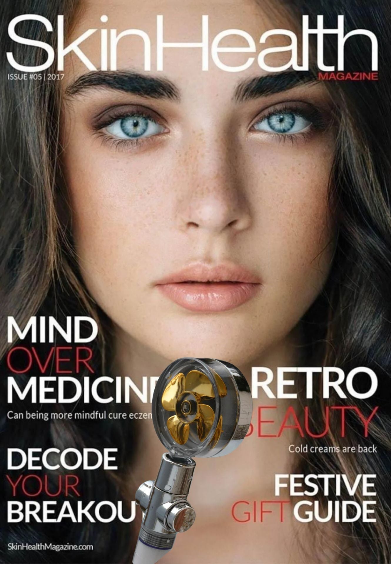 Magazine cover with a woman's face and a showerhead overlay.