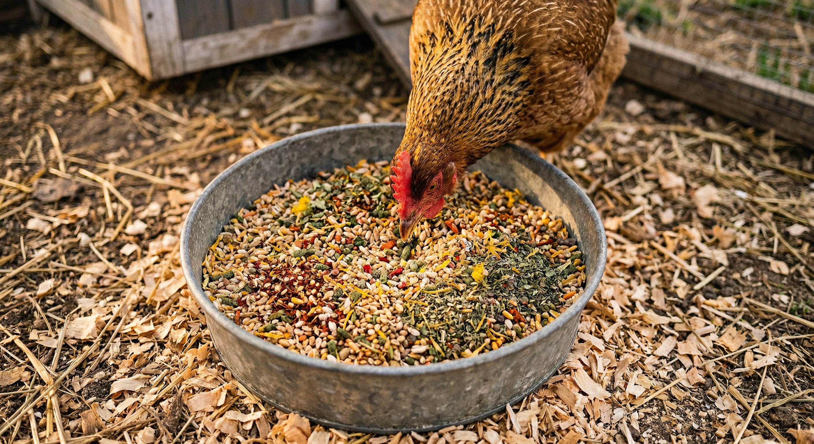 Chickens eating herb feed