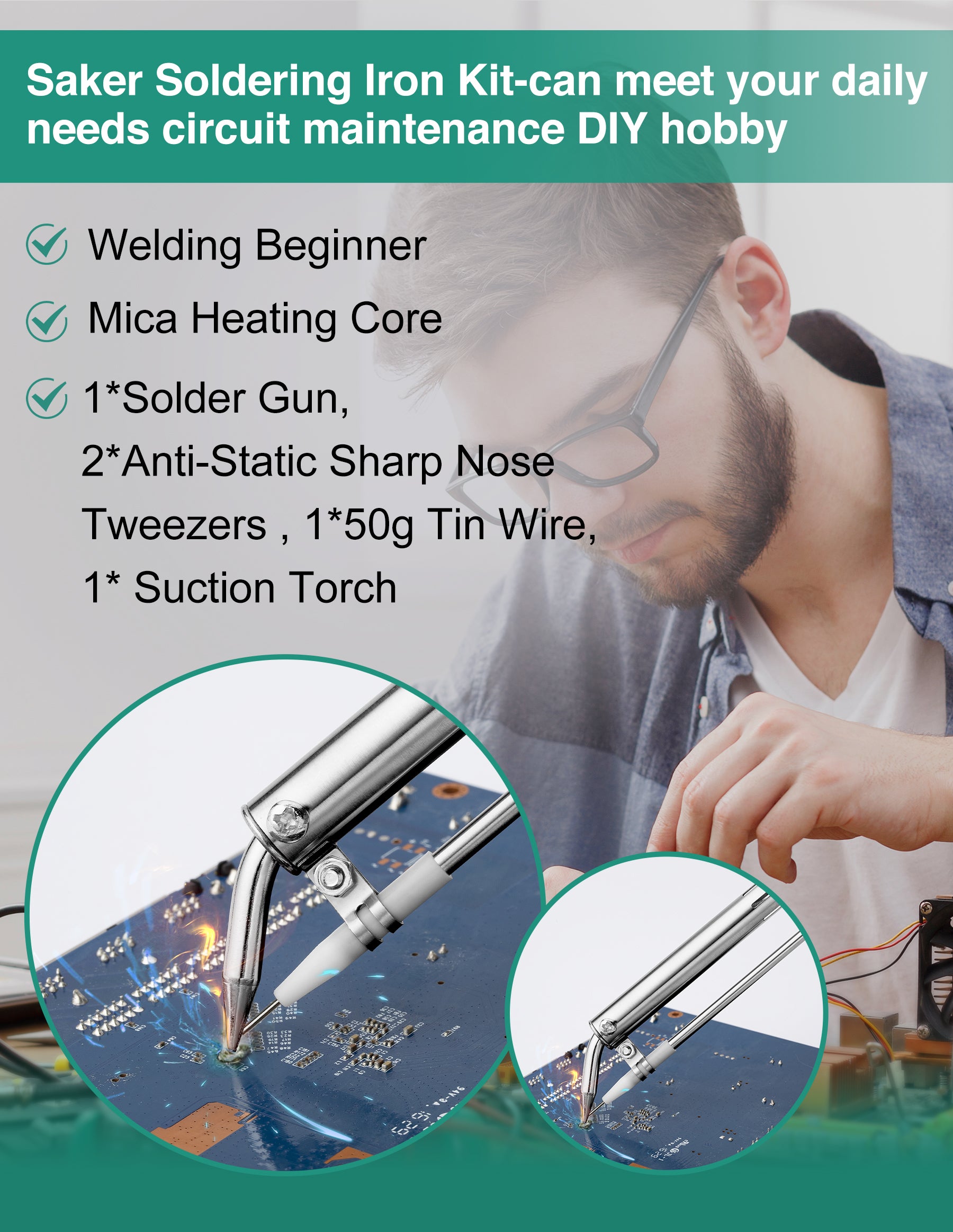 Saker Soldering Iron Kit, 60W 110V Corded Electric Welding Gun with Welding  Wire, One-handed Operation for Soldering Circuit Boards