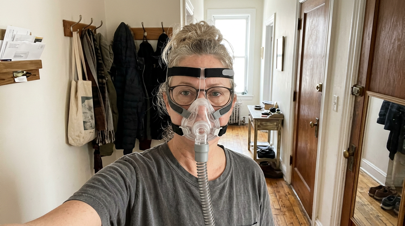 Woman sitting up in bed at night with her CPAP mask pulled off