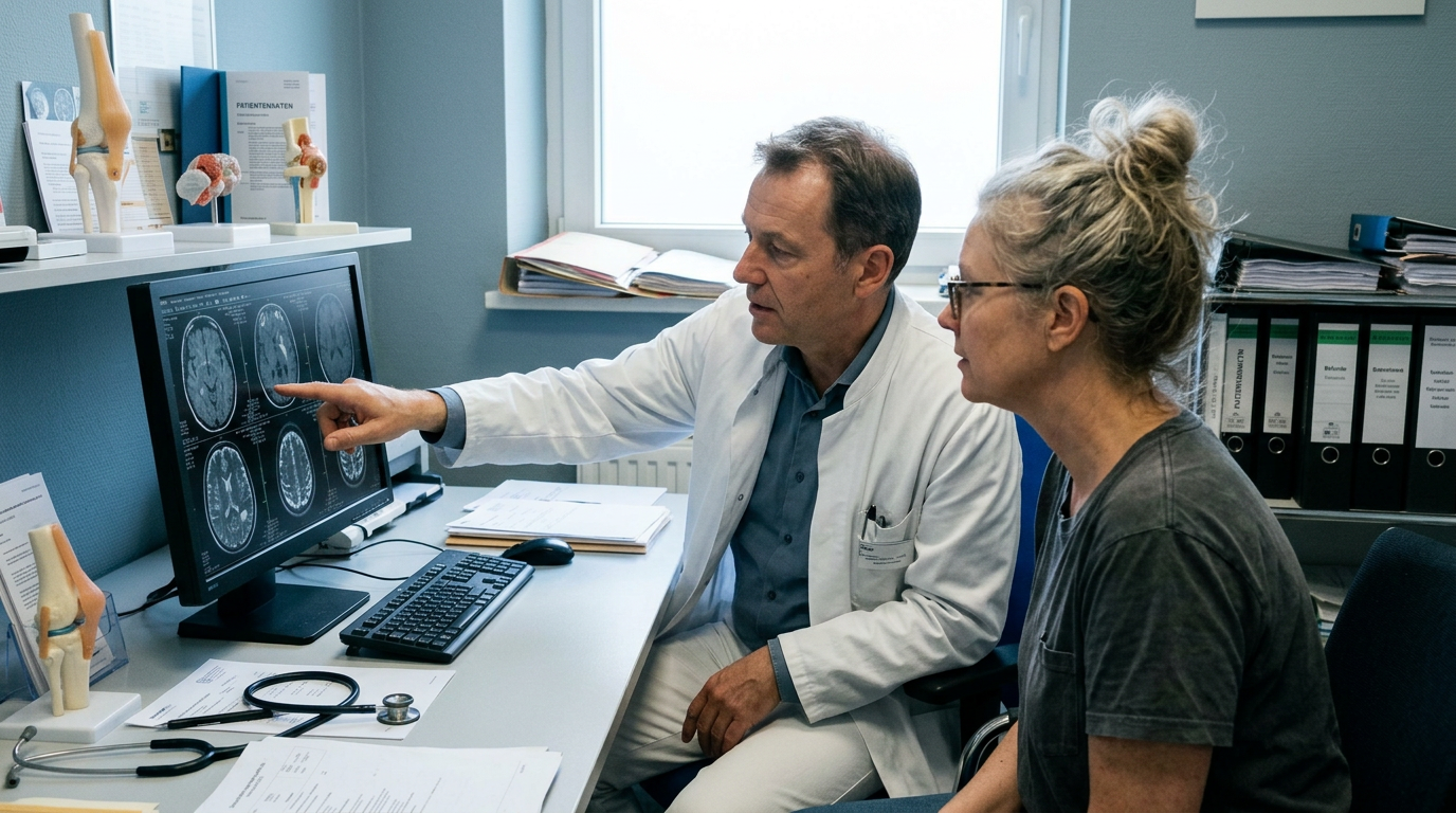 Neurologist showing a patient her brain MRI scans