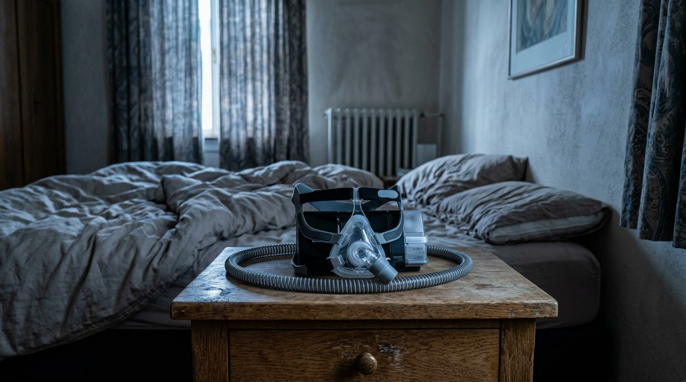 CPAP machine with hose and mask on a nightstand