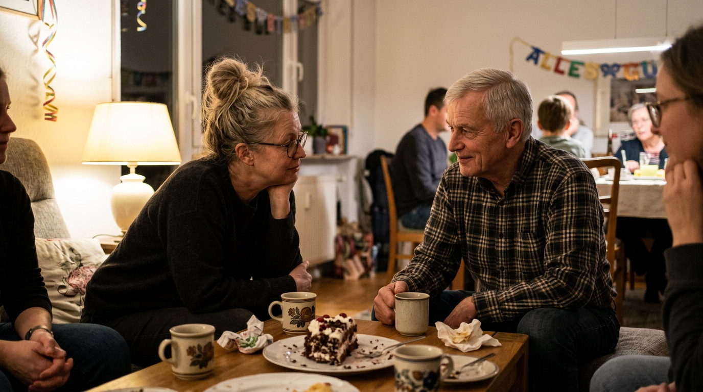 An older man and a tired woman talking at a family birthday party