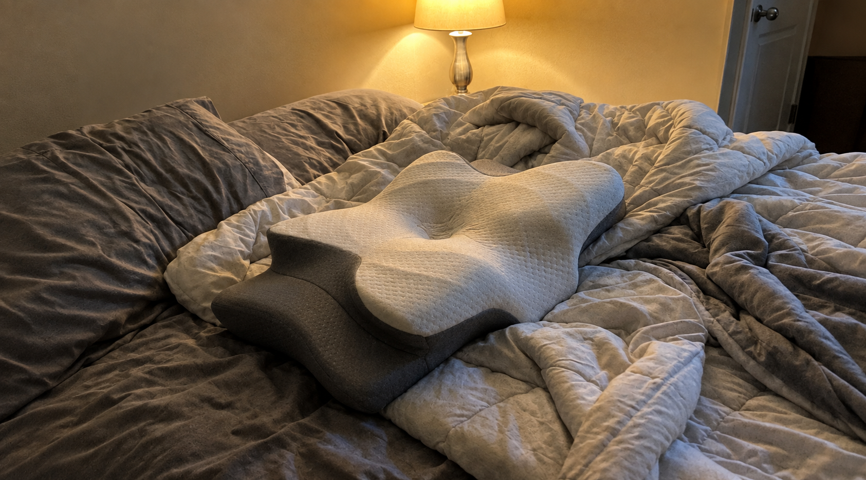 The Neck Therapy Pillow on a made bed in morning light
