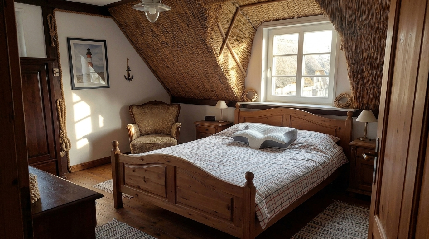 A cozy room in an old inn with the butterfly-shaped pillow on the bed