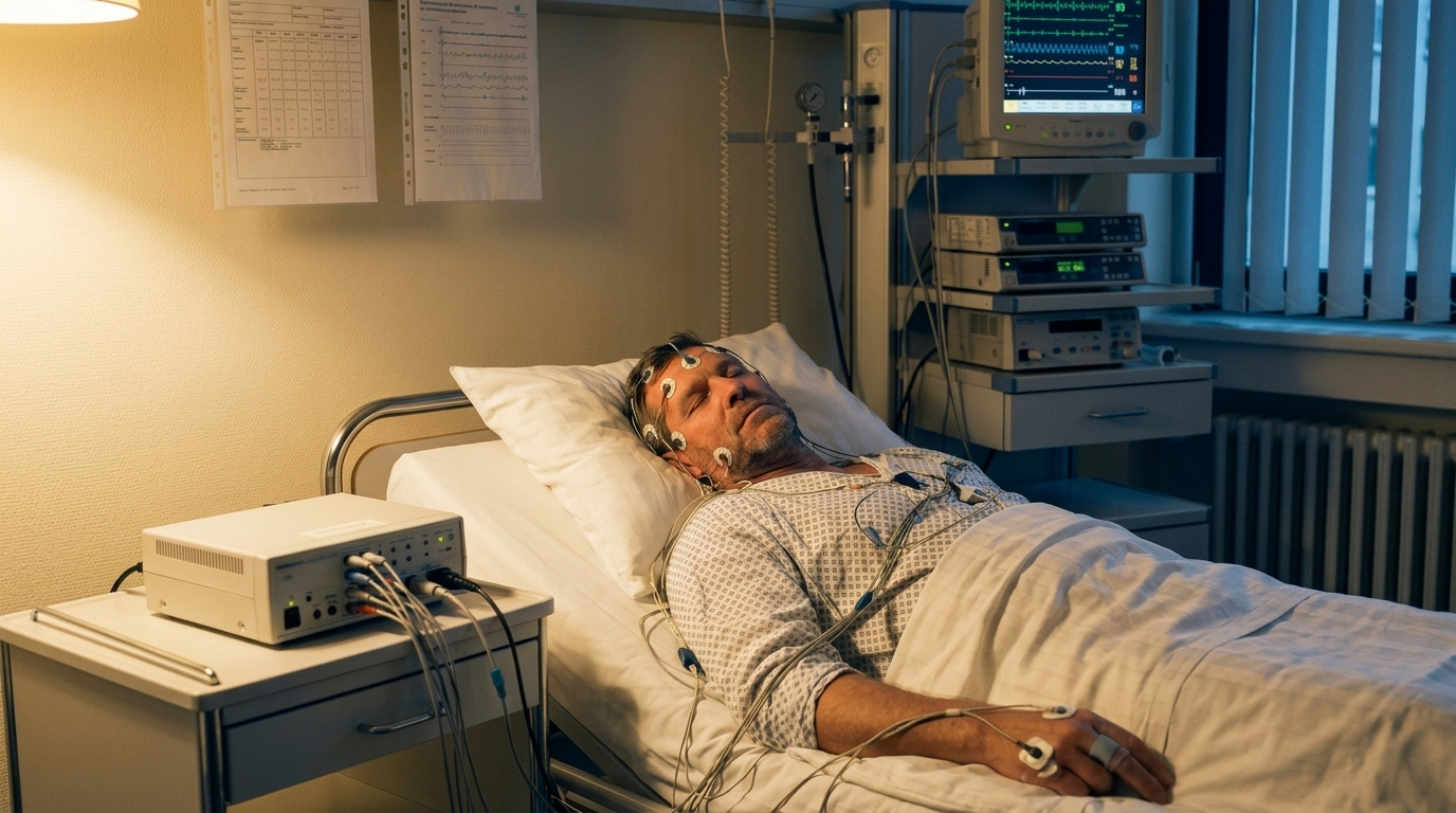 A man in a sleep lab bed with sensors