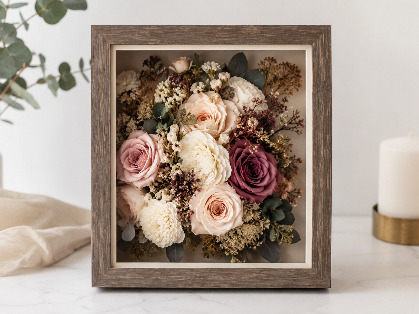 Wedding bouquet preserved inside a clear resin block