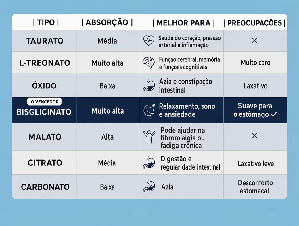 Tabela comparando formas de magnésio por absorção, indicação e efeitos colaterais, com o bisglicinato destacado como vencedor.