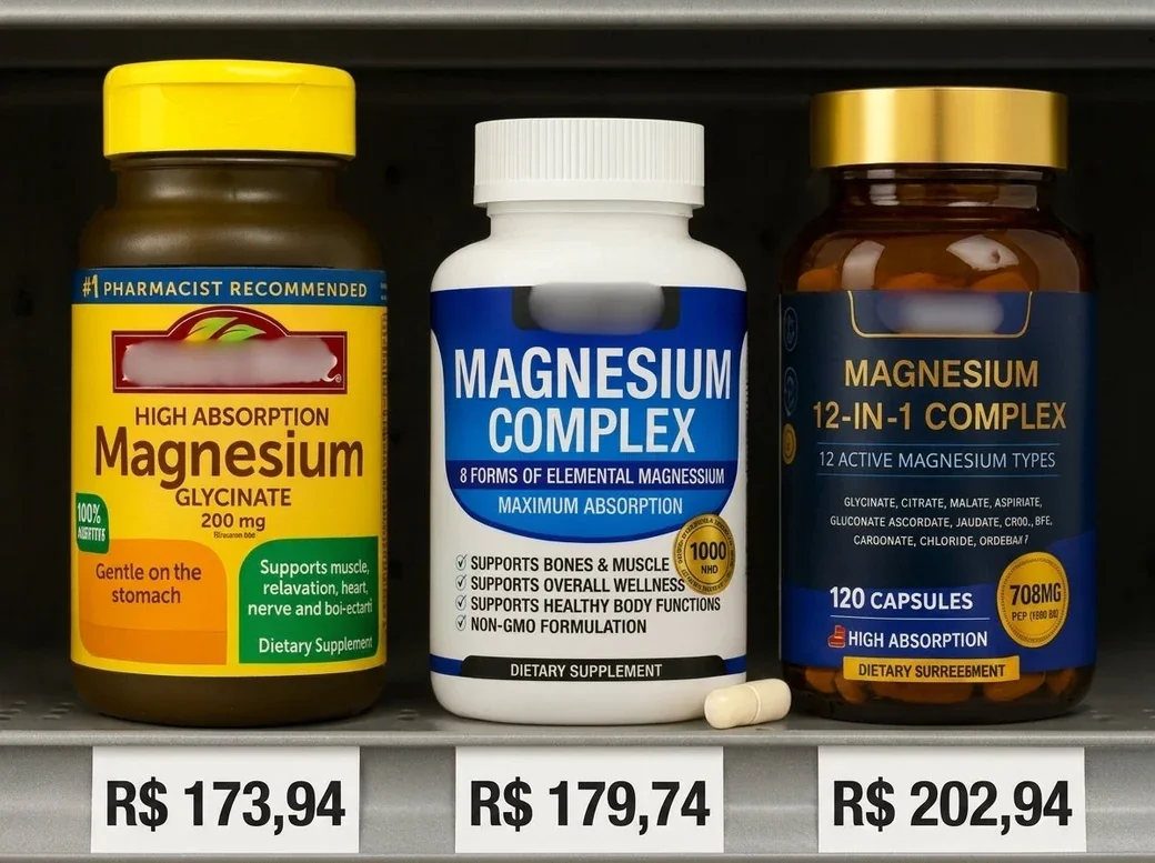 Três potes de suplemento de magnésio de marcas de farmácia lado a lado, cada um com uma etiqueta de preço embaixo.