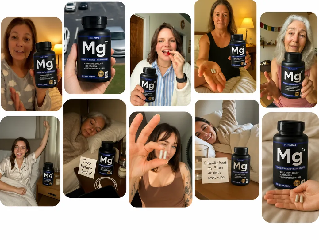 Mosaico de fotos de clientes reais segurando o produto em casa.